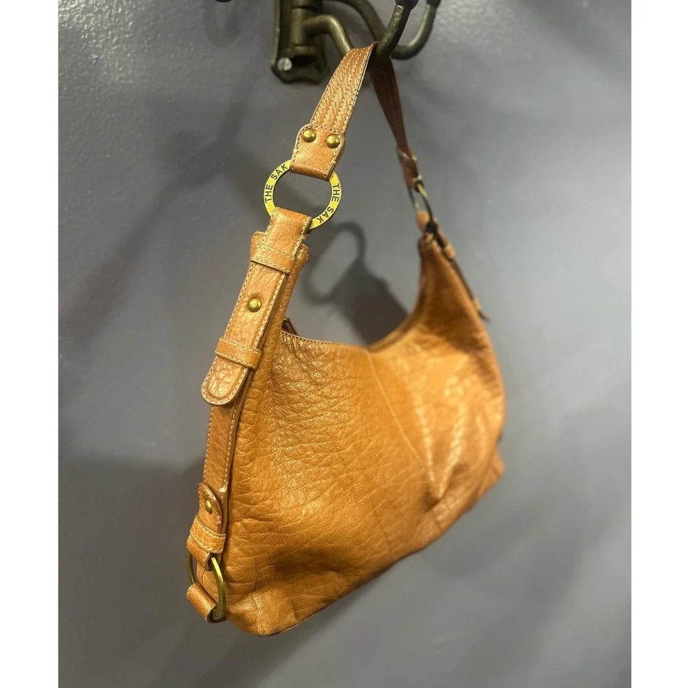 The Sak Pink Label Leather Hobo Shoulder Bag Tan Pebbled Slouchy Boho Y2K Vintag